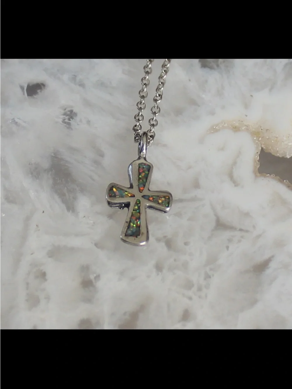 Silver Cross Pendant Necklace with Multicolor Opal Inlay